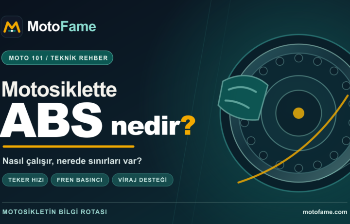 MotoFame ABS rehberi kapak görseli; soyut motosiklet fren diski çizimi