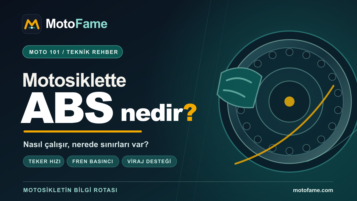 MotoFame ABS rehberi kapak görseli; soyut motosiklet fren diski çizimi